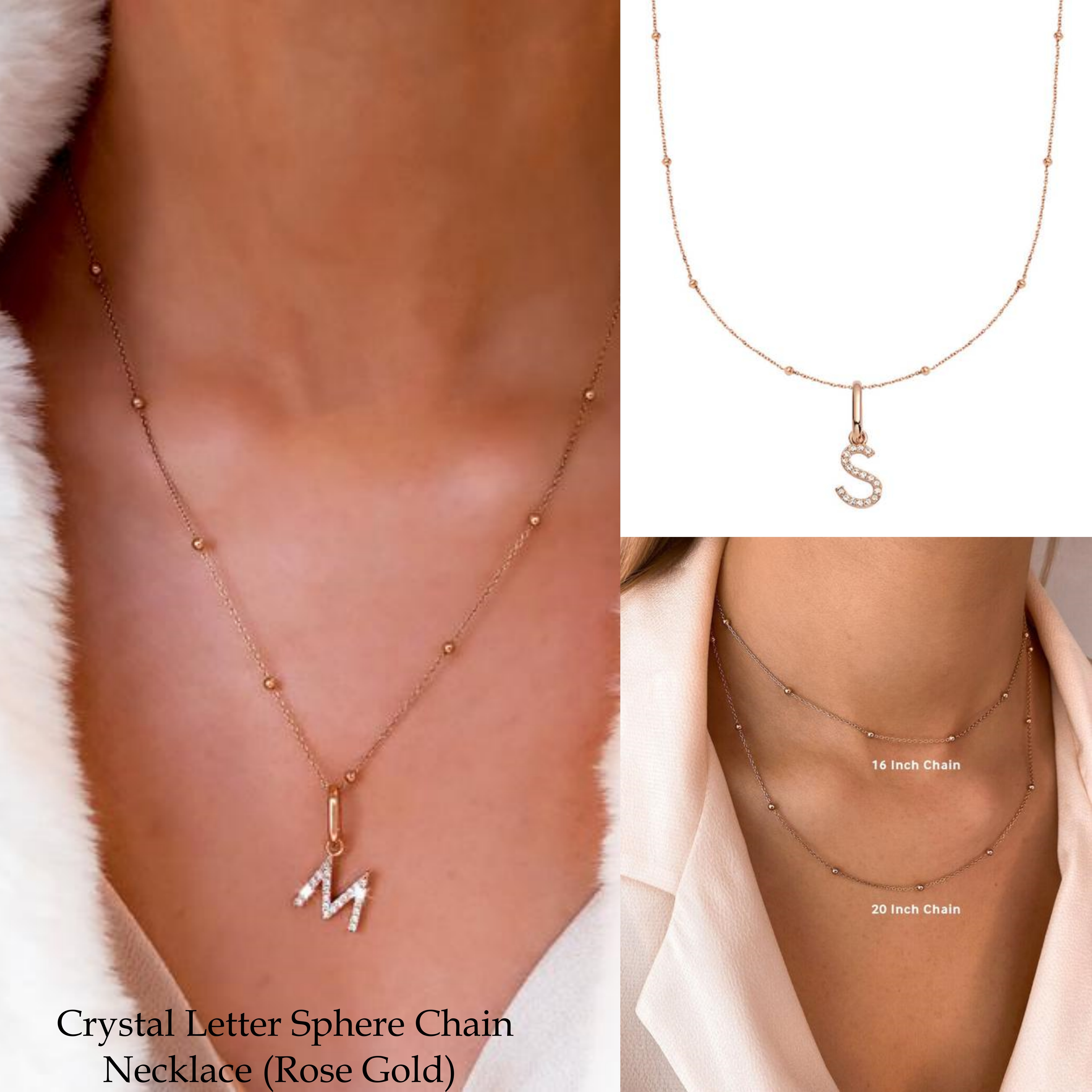 【Abbott Lyon】Crystal Letter Sphere Chain Necklace RoseGold