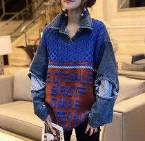 Cable Knit Lace-up Casual Style Denim Dolman Sleeves