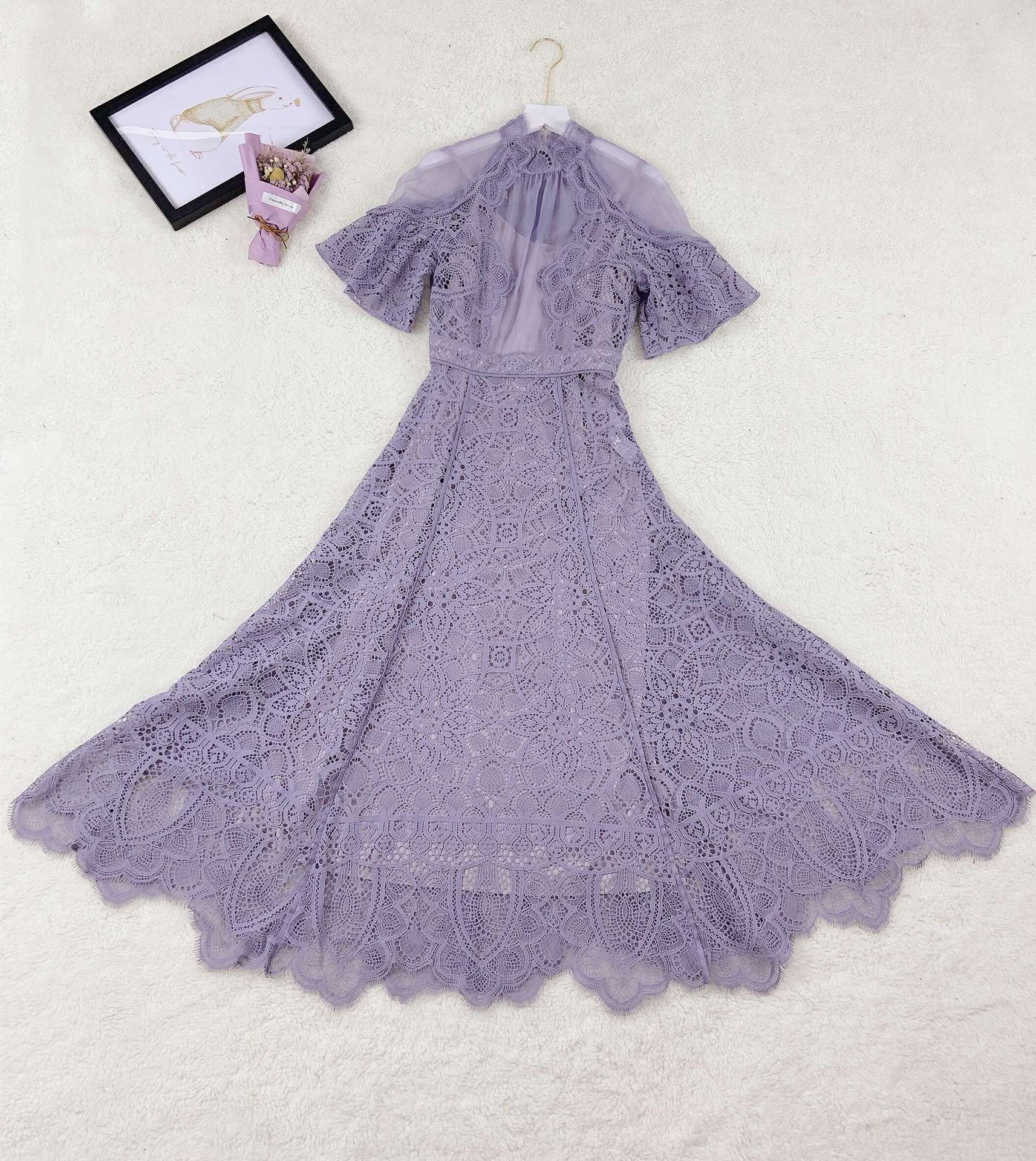 【再入荷】ひざ下 レース ピンク ドレス ワンピース 結婚式