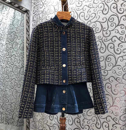 Parkas Short Gingham Tartan Zigzag Casual Style Denim Tweed