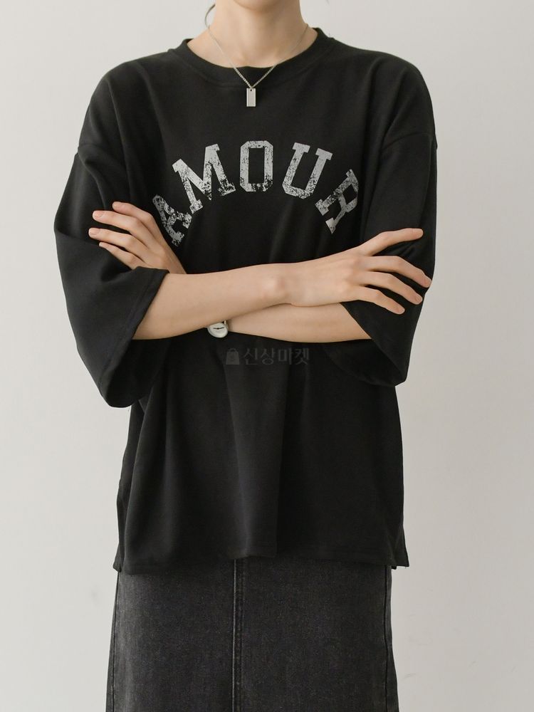 Tシャツ・カットソー AMOURロゴ入りシンプル5分丈カットソー(8)