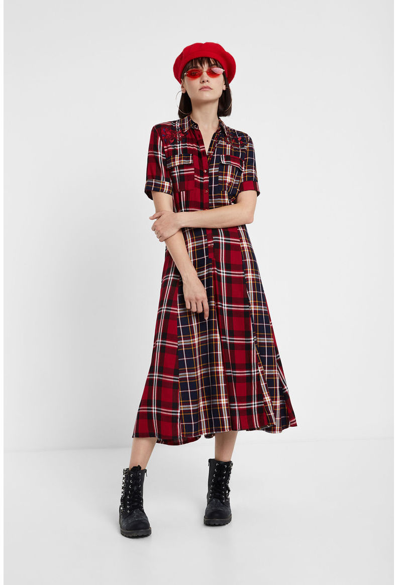 Desigual ワンピース desigual半袖チェック柄フレアワンピース。レッド(2)