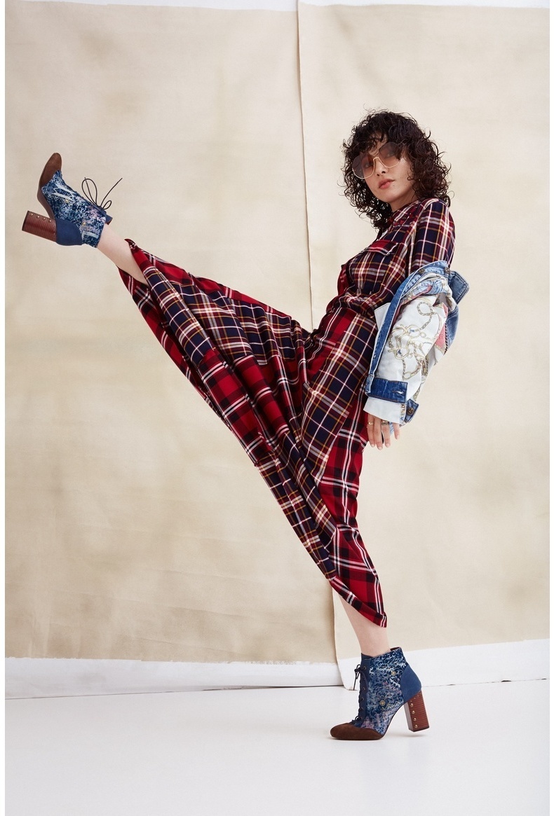 Desigual ワンピース desigual半袖チェック柄フレアワンピース。レッド(8)