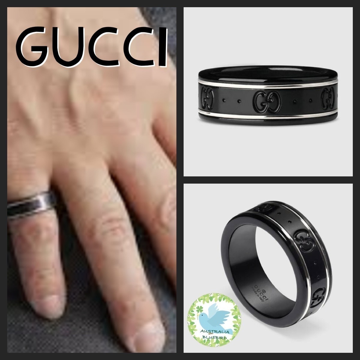 ★GUCCI★アイコン シンバンド ホワイトゴールド/ブラック 幅7mm