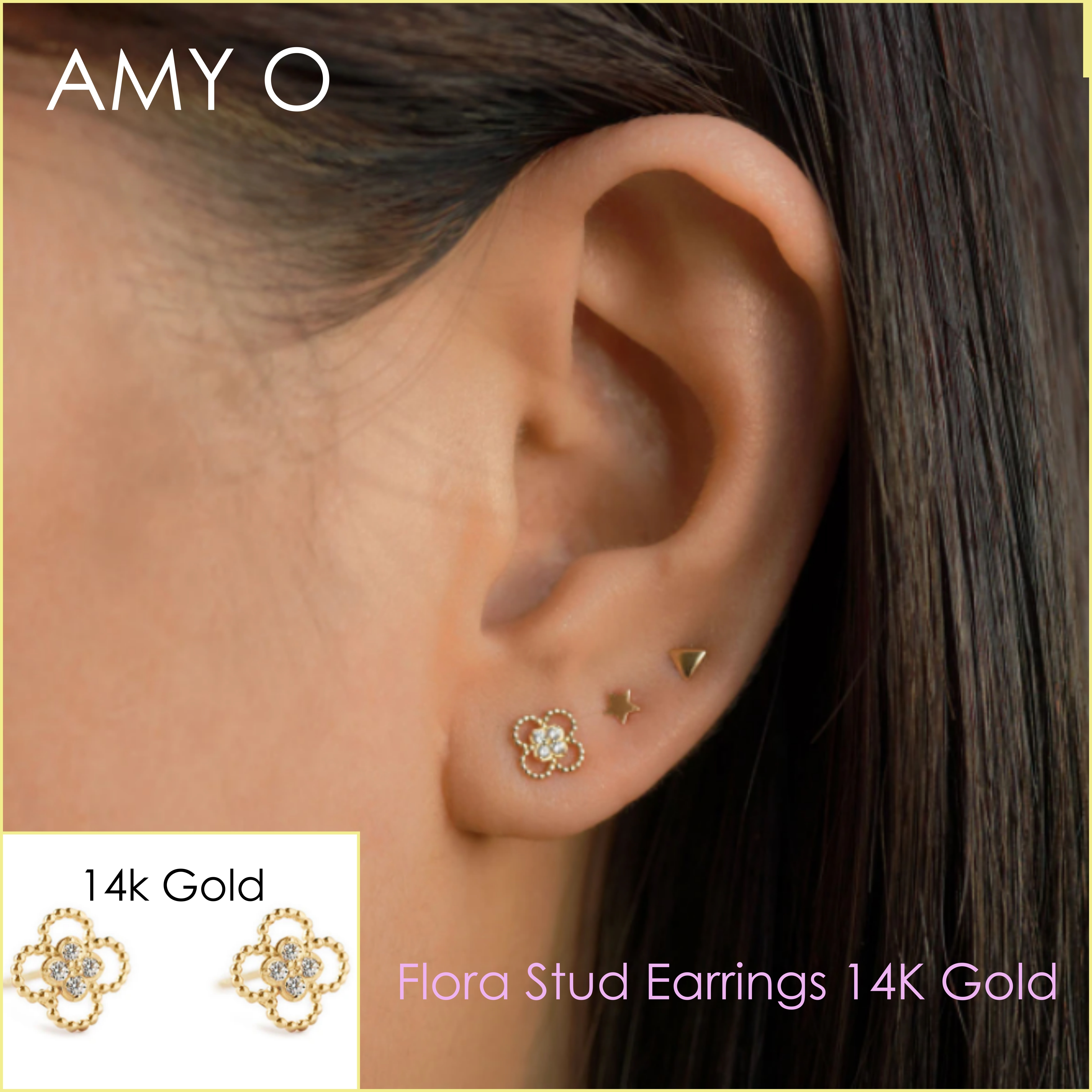 送料関税込【AMY O】Flora Stud Earrings 14K Gold ☆ ピアス ♪