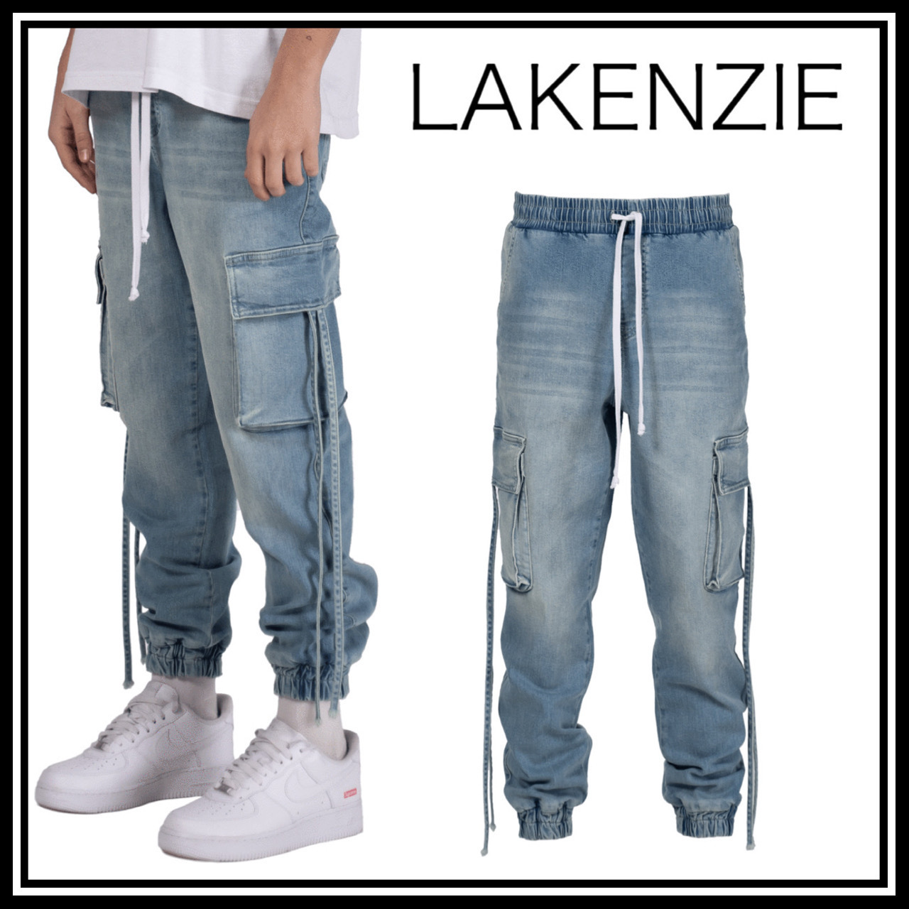 関税/送料込み【LAKENZI】カーゴジョガーデニム ライトブルー