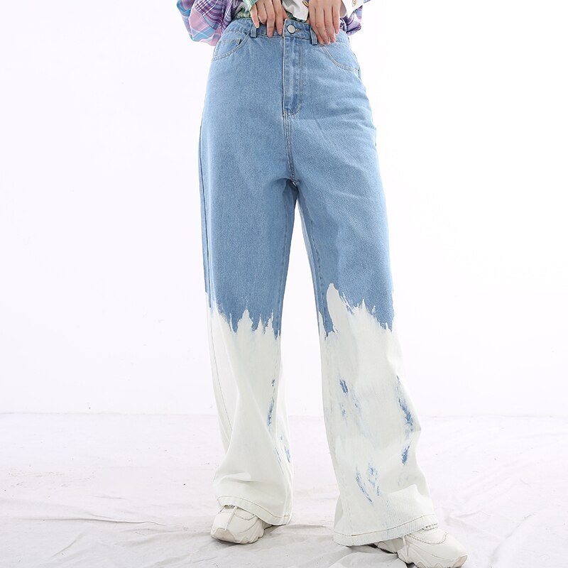 オシャレ 裾ホワイト ルーズ デニムパンツ ハイウエスト