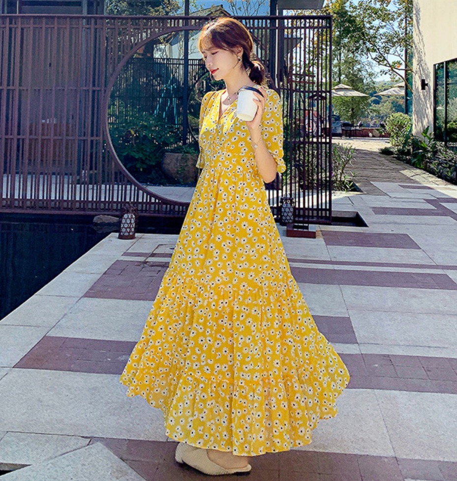 花柄ワンピース Vネック ロング シフォン オシャレ