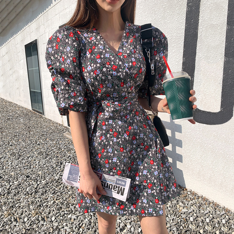 大人かわいい 半袖 花柄 リュクス フンワリ ワンピース ドレス
