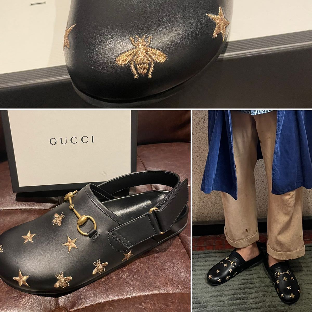 関税・送料込 GUCCI エンブロイダリー レザー スリッポン
