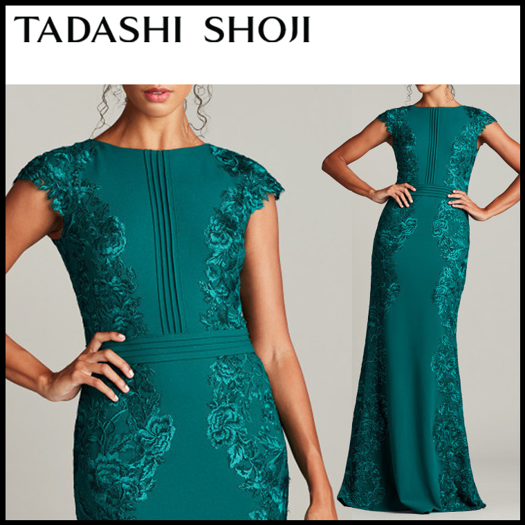 正規通販 限定SALE★TADASHI・花刺繍アップリケ付クレープマキシドレス ワンピース 正規通販 限定SALE★TADASHI・花刺繍アップリケ付クレープマキシドレス ワンピース