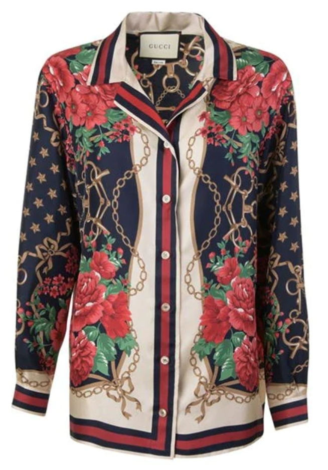 GUCCI ブラウス・シャツ 【GUCCI】シルク ローズ プリント PJ 長袖 シャツ ネイビー(2)