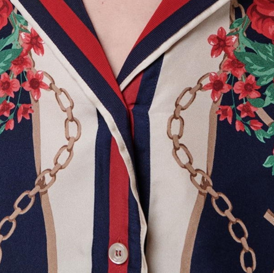 GUCCI ブラウス・シャツ 【GUCCI】シルク ローズ プリント PJ 長袖 シャツ ネイビー(6)