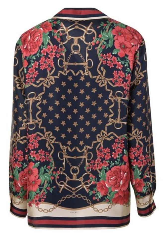 GUCCI ブラウス・シャツ 【GUCCI】シルク ローズ プリント PJ 長袖 シャツ ネイビー(9)