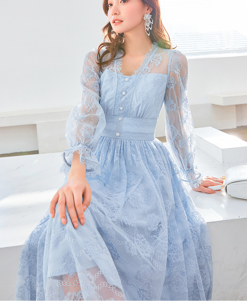再入荷 ブルー レース 長袖 ドレス ワンピース 結婚式