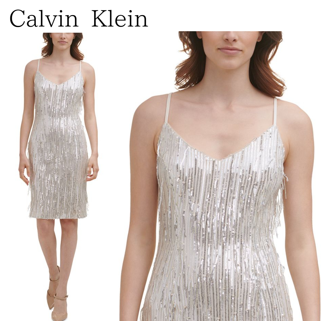 【正規取扱店】 【Calvin Klein】Vネックスパンコールフリンジワンピース ワンピース 【正規取扱店】 【Calvin Klein】Vネックスパンコールフリンジワンピース ワンピース