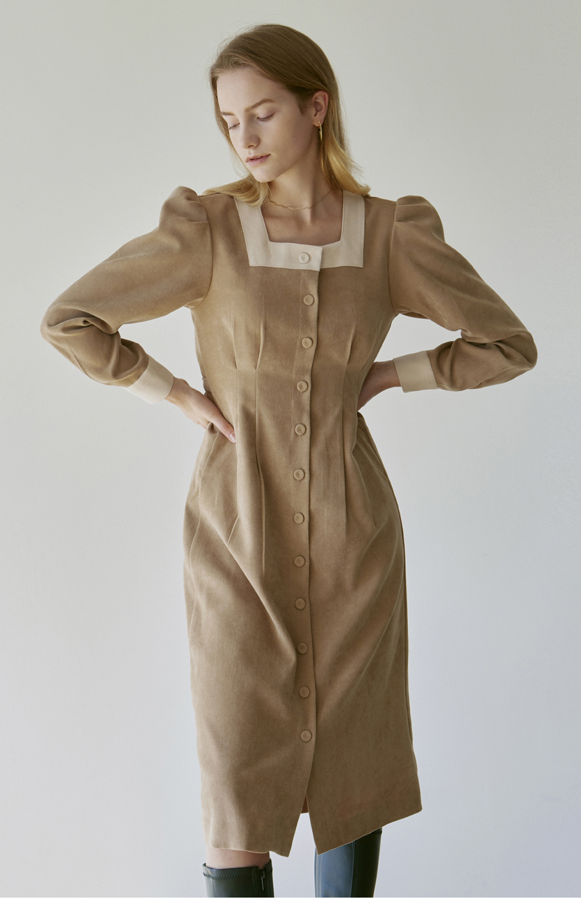 ワンピース [YAN13] SLIM WAIST SUEDE LONG OPS_BEIGE フロントジップ ビスチェ キャミワンピース[品番：LGMW0005450