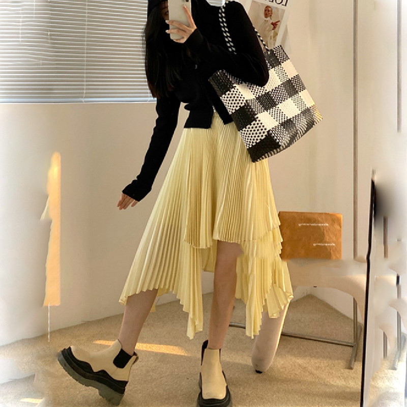 アシンメトリー ロング フレアスカート ブラック イエロー