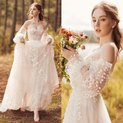 Wedding Dresses Flared Long Puff Sleeves Bridal Wedding Dresses