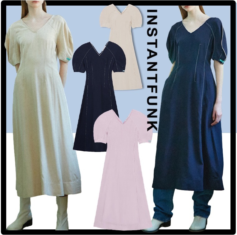 ☆送料 関税込☆INSTANTFUNK★PUFF-SLEEVE V-NECK MAXI DRES.S★