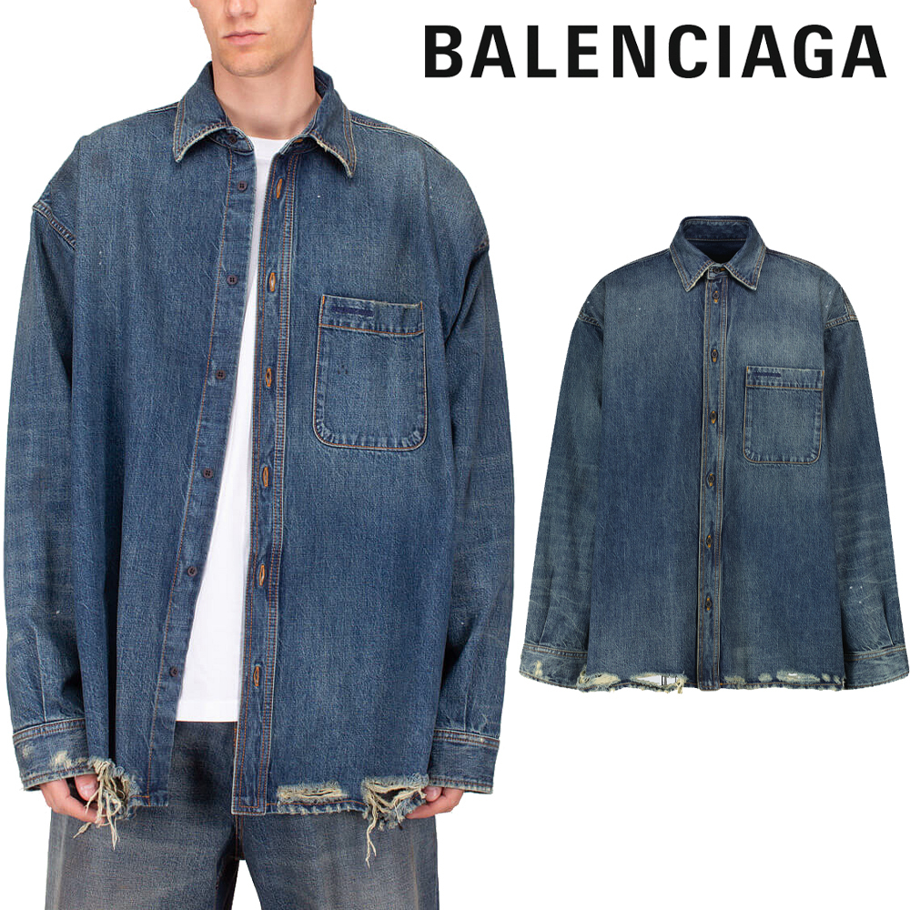 【BALENCIAGA】ロゴ★ビンテージ加工 デニム シャツ Blue 送関込 当店在庫してます!