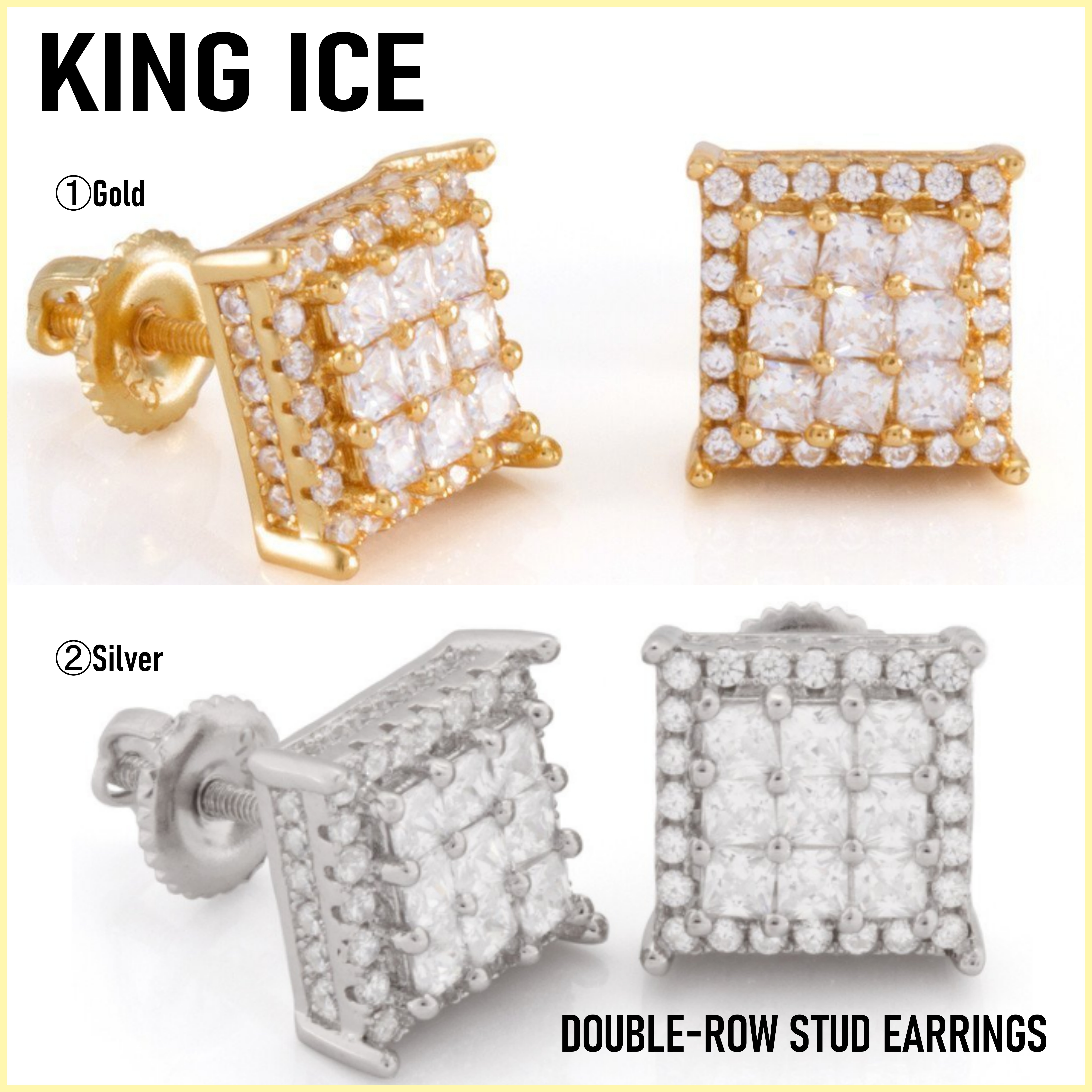 送税込【King Ice】DOUBLE-ROW STUD EARRINGS ピアス(2色)国内発