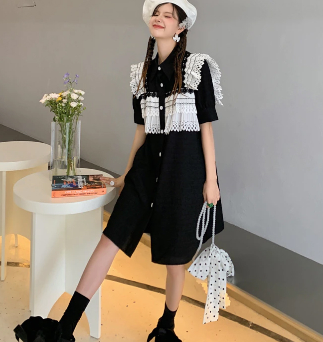 大人もかわいい リュクス 半袖 シャツワンピース レース フリル