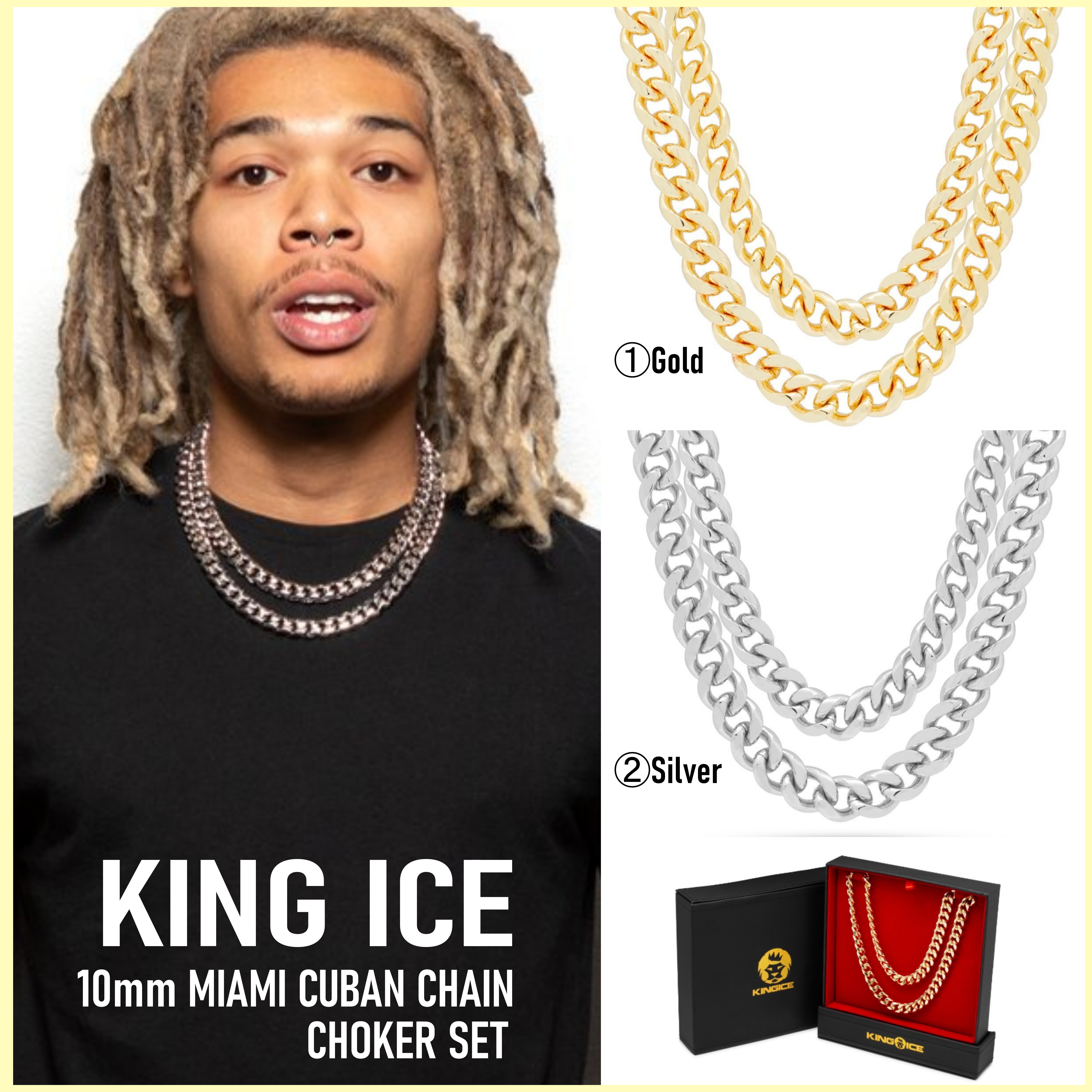 送税込【King Ice】10mm MIAMI CUBAN CHAIN CHOKER SET ☆(2色)