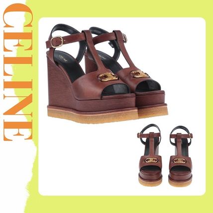 CELINE Platform & Wedge Open Toe Platform Round Toe Casual Style Plain Leather