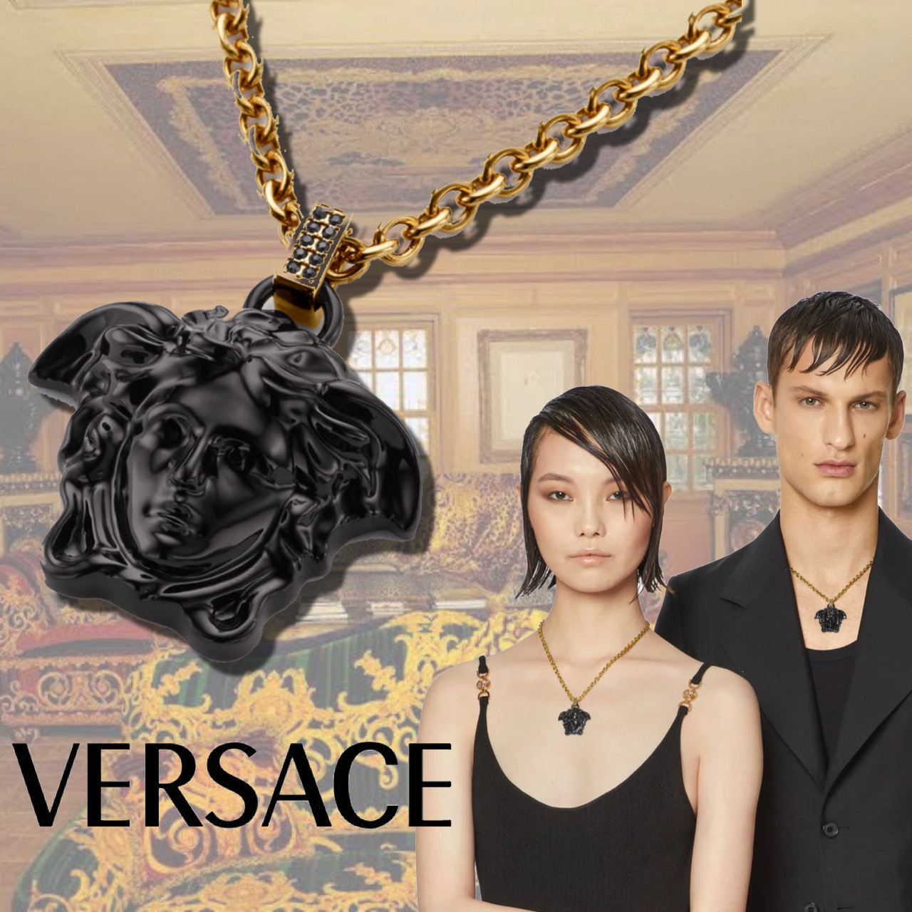 ◆VERSACE◆ラ メデューサ ラッカーペンダントネックレス 黒 金 ◆VERSACE◆ラ メデューサ ラッカーペンダントネックレス 黒 金