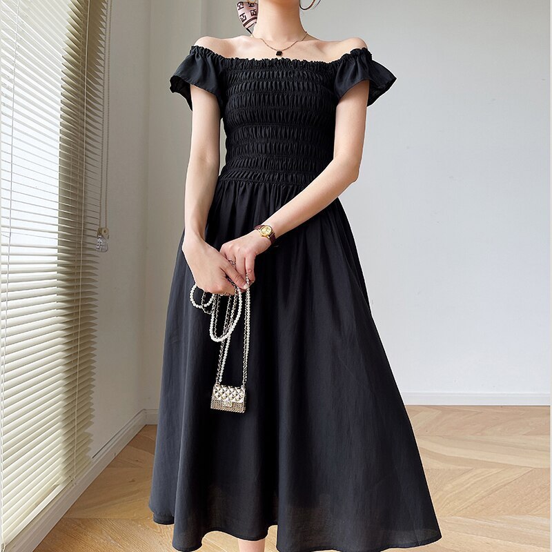 再入荷 リュクス シンプル オフショルダー ひざ下 ワンピース