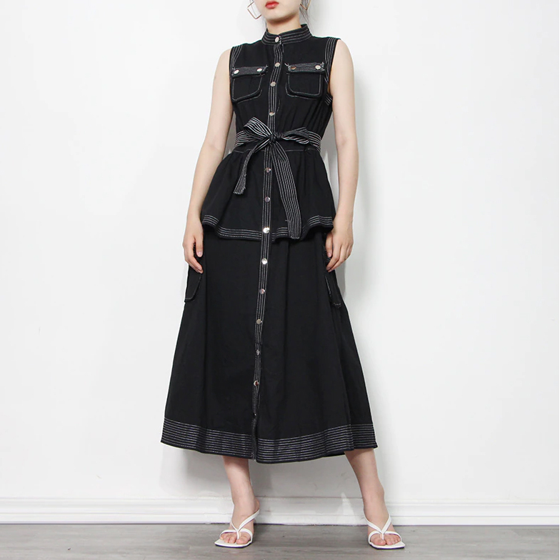 再入荷 リュクス ノースリーブ ステッチ ひざ下 ワンピース