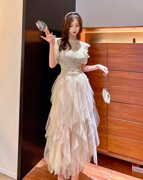 半袖 ラウンドネック レース ロング チュチュドレス 【H538】 半袖 ラウンドネック レース ロング チュチュドレス 【H538