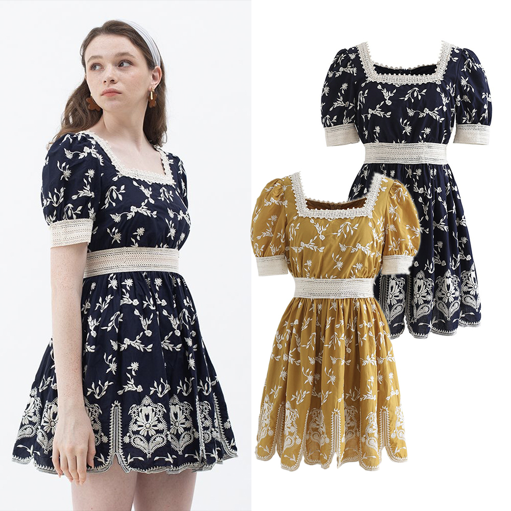 CHICWISH(シックウィッシュ)｜小花刺繍スクエアネックワンピース VIS（ビス）の「小花柄刺繍スクエアネックワンピース