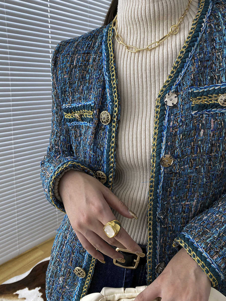 綺麗め 金ボタン ブルー ツイードジャケット ベルト 綺麗め 金ボタン ブルー ツイードジャケット (ジャケット