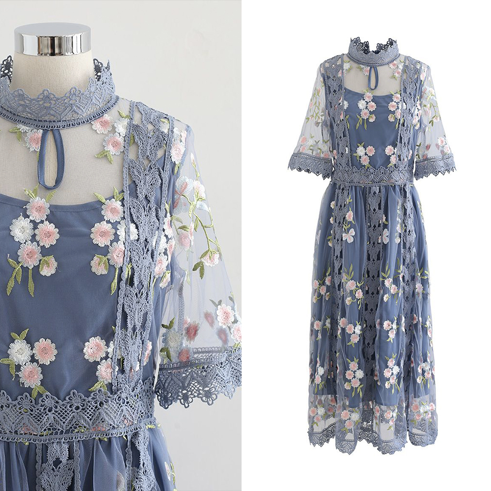 CHICWISH★花柄刺繍レースチュールワンピース☆