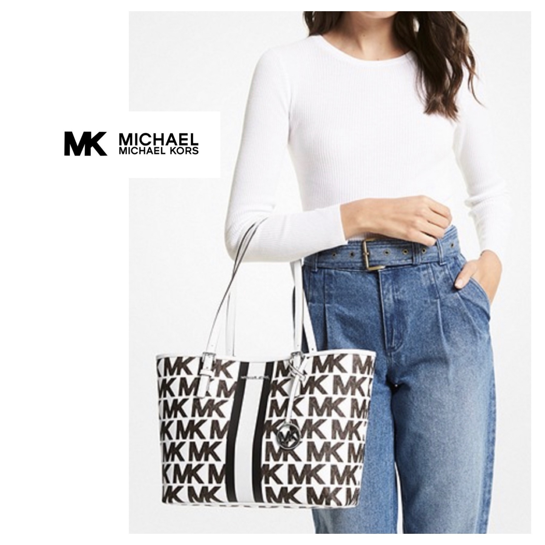 MK Jet Set Travel medium センター ストライプ ロゴ トート