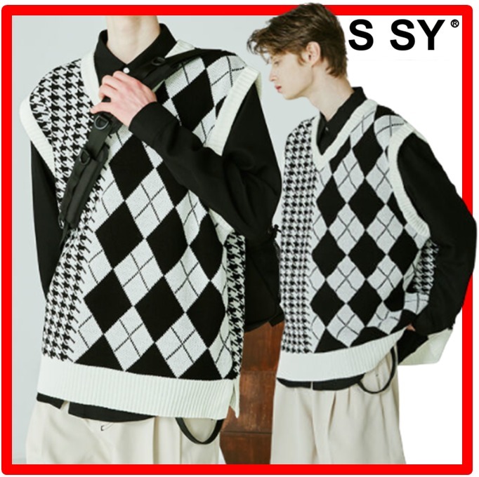 ★人気★【SSY】★argyle & hound check knit ves.t★ベスト★