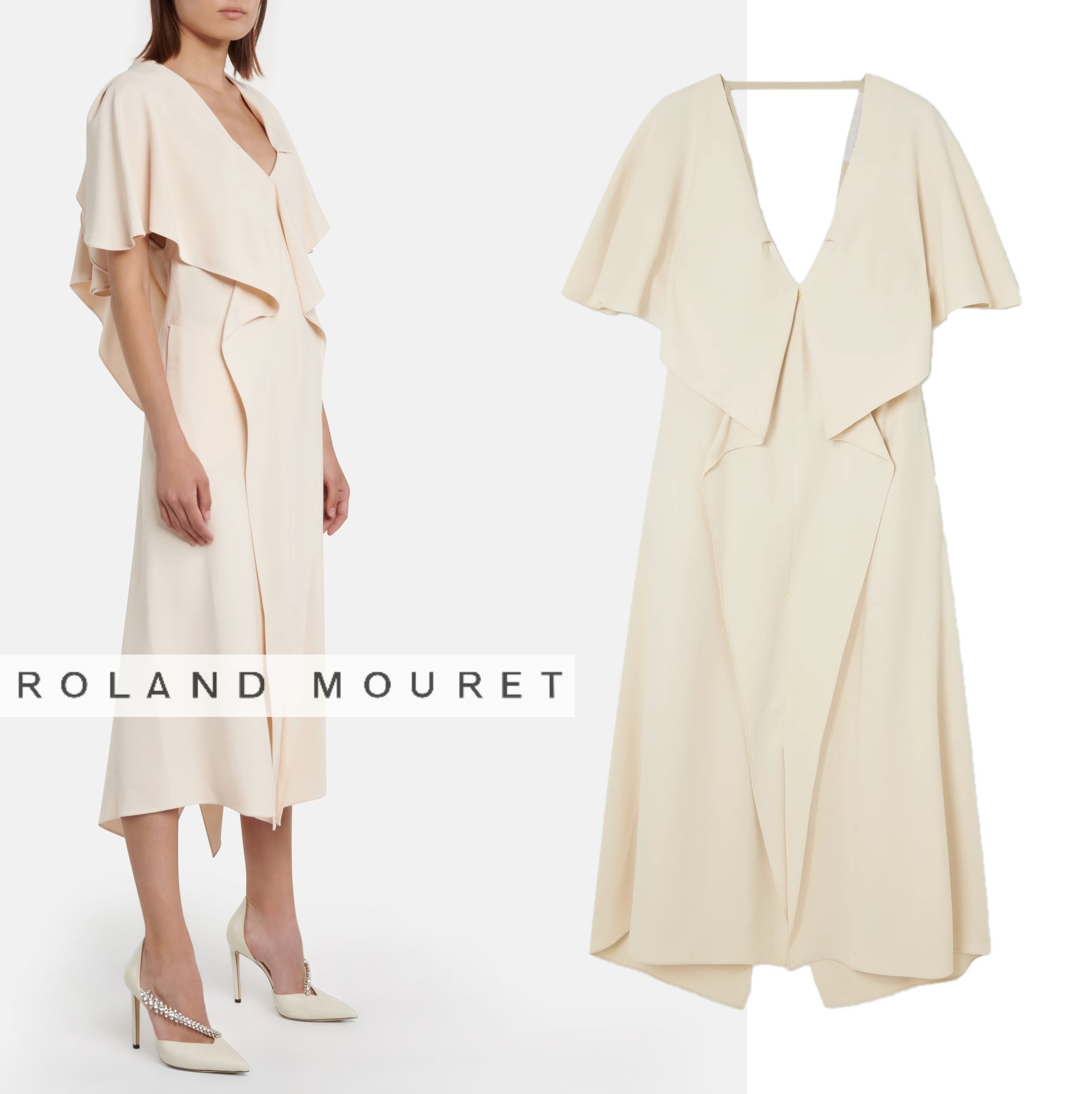 国内発| ROLAND MOURET ドレープクレープ ミディドレス Pearl