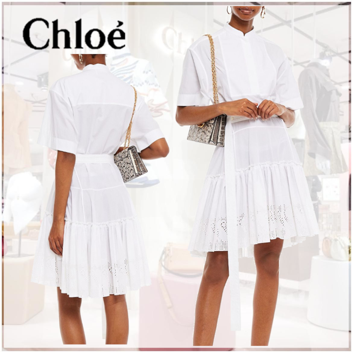 優先配送 国内発送☆Chloe ベルト付きイギリス刺しゅう綿シャツワンピース ワンピース 優先配送 国内発送☆Chloe ベルト付きイギリス刺しゅう綿シャツワンピース ワンピース
