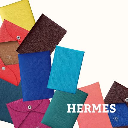 Shop HERMES Calvi Plain Leather Folding Wallet Card Holders by