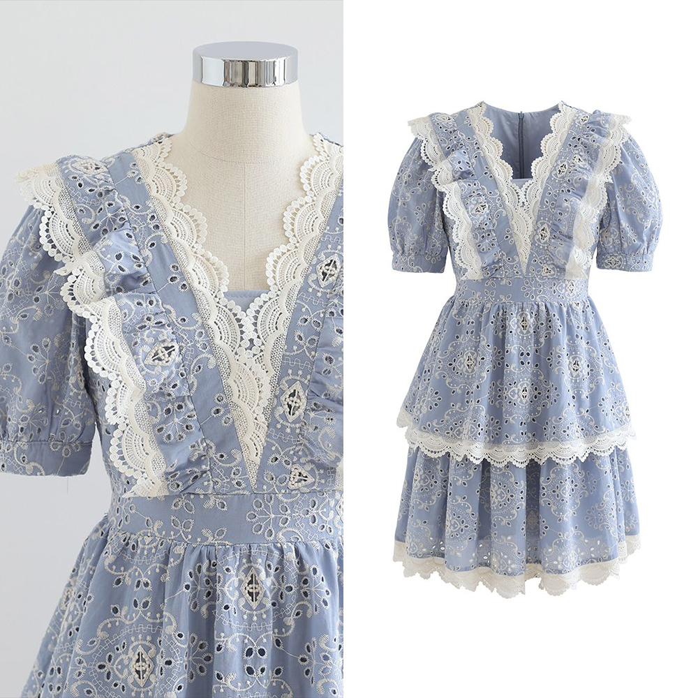 CHICWISH★スカラップコットン刺繍ティアードワンピース☆