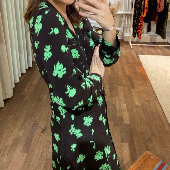 “GANNI” プリントクレープシャツドレス Black/Green