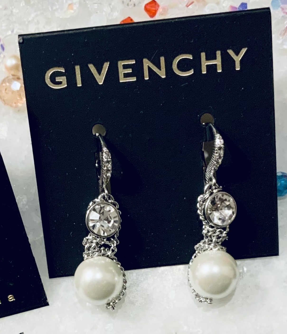 関税送料込 GIVENCHY ゴージャスパールチェーンクリスタルピアス