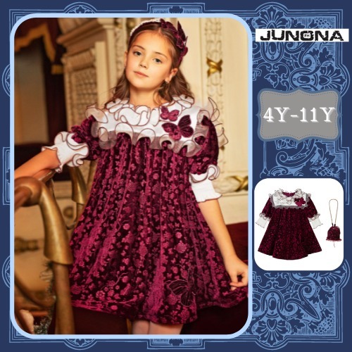 JUNONA ★Burgundy Red 花柄 ベルベットドレス Bagセット★4-11Y
