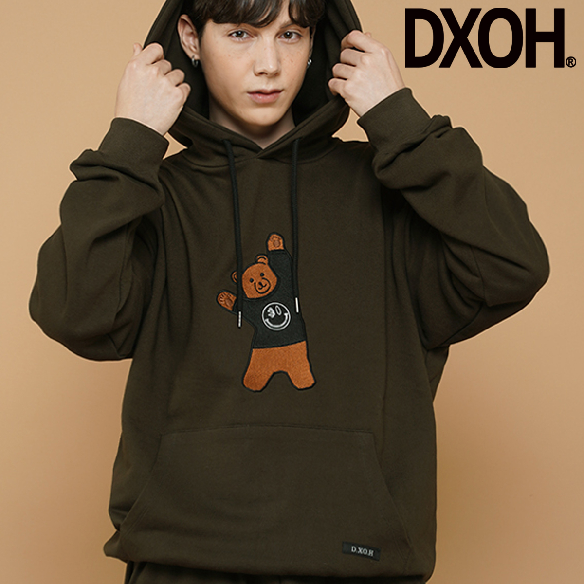 ★DXOH★BEAR EMBROIDER HOODIE [KHAKI]★正規品/韓国直送料込