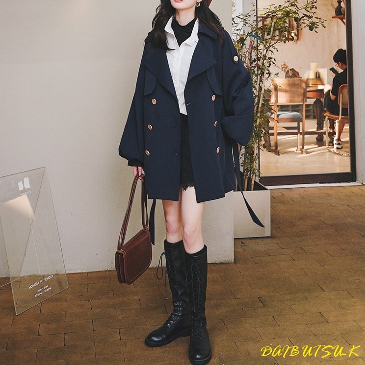 トレンチコート ゆったり ボリューム袖 可愛い 高品質 無地 S~XL