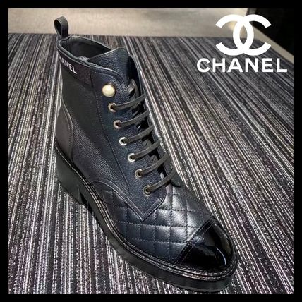 CHANEL Lace-up Plain Toe Lace-up Casual Style Block Heels Elegant Style