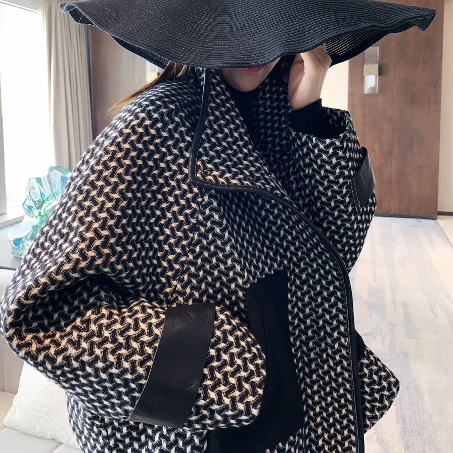 コート 千鳥格子 ウール バットスリーブ ショート丈 韓国系