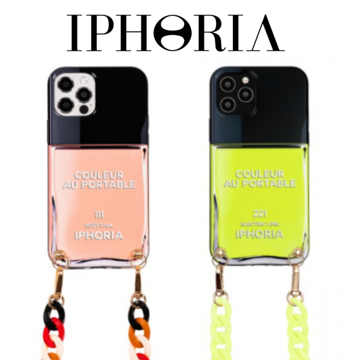 日未発SALE★ロゴ【送込IPHORIA】iphone12-13各種★Chain付/桃黄